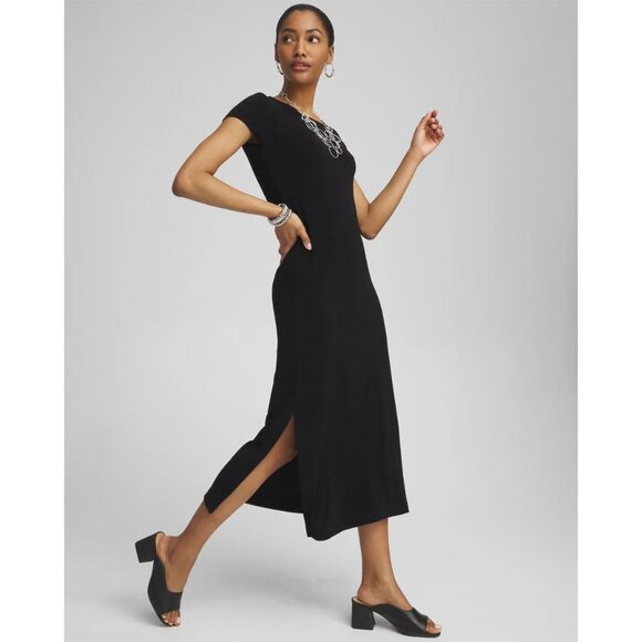 Chico's Size 3 = XL/16 Travelers Classic Black Short Sleeve Maxi Dress Timeless - Picture 2 of 11